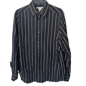Claiborne Luxe Modern fit button down shirt cuff links black white pinstripe M